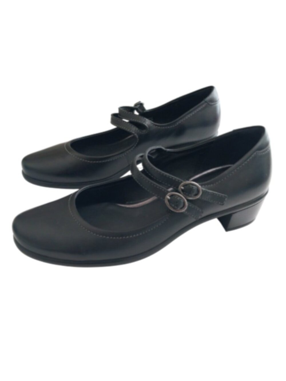 Ecco Women's Black Leather Double Strap Mary Jane Heel Shoes 39/US 8-8.5